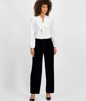 Kasper Women's High Rise Straight-Leg Velvet Pants Black Petite Size PM $89