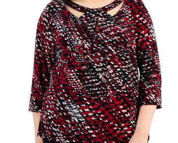 Kasper Plus Size 1X 3/4-Sleeve Twist V-Neck Top Red Black MSRP $79