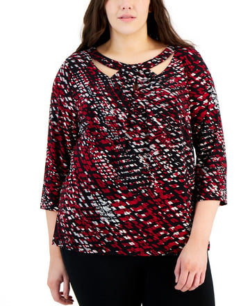 Kasper Plus Size 1X 3/4-Sleeve Twist V-Neck Top Red Black MSRP $79