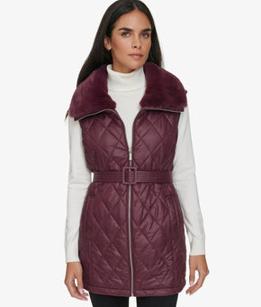 Calvin Klein Women's Quilted Faux-Fur Collar Vest Purple Size XS MSRP $130