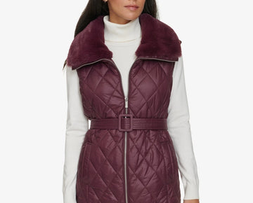 Calvin Klein Women's Quilted Faux-Fur Collar Vest Purple Size XS MSRP $130