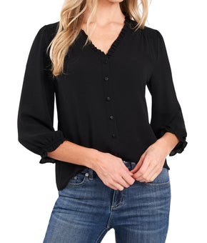 CECE Women Black Ruffled Smocked Button 3/4 Sleeve V Neck Blouse Size M MSRP $69