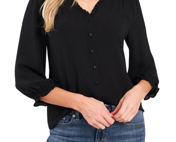 CECE Women Black Ruffled Smocked Button 3/4 Sleeve V Neck Blouse Size M MSRP $69