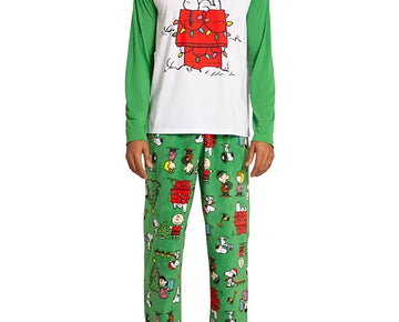 Briefly Stated Men's Peanuts Raglan Pajama Set Green Size M