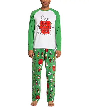 Briefly Stated Men's Peanuts Raglan Pajama Set Green Size M