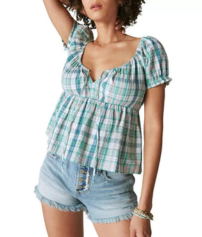 Lucky Brand Women's Plaid Tie-Front Babydoll Top Green Size S MSRP $80