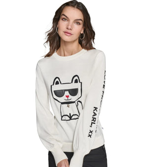 KARL LAGERFELD PARIS Women's Choupette Crewneck Sweater Ivory Size M MSRP $99
