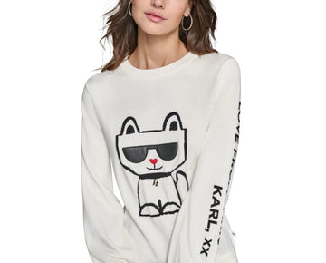 KARL LAGERFELD PARIS Women's Choupette Crewneck Sweater Ivory Size M MSRP $99
