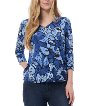 Jones New York Petite Printed Keyhole 3/4-Sleeve Top Blue Size PM MSRP $60