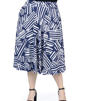 24seven Comfort Apparel Plus Size 3X Pleated Print Midi Skirt Pockets Blue $79