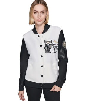 KARL LAGERFELD PARIS Women's Motif Varsity Jacket Black Ivory Size S MSRP $249