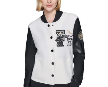KARL LAGERFELD PARIS Women's Motif Varsity Jacket Black Ivory Size S MSRP $249