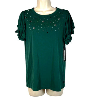 Karl Lagerfeld Paris Women's Green Studded Ruffle Top Size XS $79