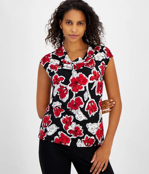 Kasper Women's Floral-Print Cowl-Neck Sleeveless Top Petite Size PM Black Red
