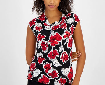 Kasper Women's Floral-Print Cowl-Neck Sleeveless Top Petite Size PXL Black Red