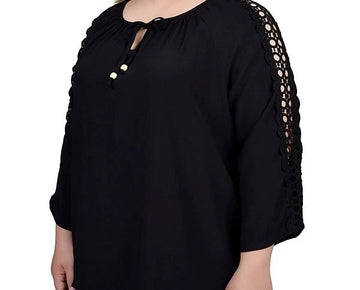 NY Collection Plus Size 2X Black 3/4 Sleeve Crochet Detail Blouse