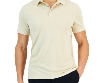 Alfani Men Regular fit Short Sleeve Polo Shirt Large Beige Solid Stretch