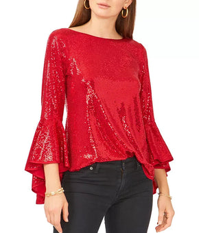 VINCE CAMUTO Metallic Knit Flutter Sleeve Top Size S Red MSRP $89