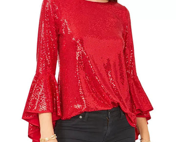 VINCE CAMUTO Metallic Knit Flutter Sleeve Top Size S Red MSRP $89