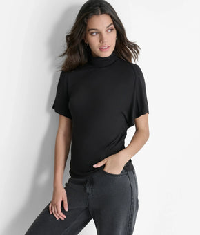 DKNY Women's Short-Sleeve Mock Neck Top Black Size XS MSRP $69