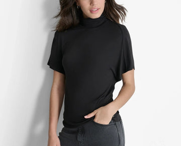 DKNY Women's Short-Sleeve Mock Neck Top Black Size XS MSRP $69