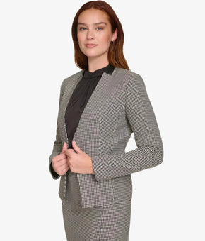 Calvin Klein Houndstooth Blazer Open Front Leather Collar Size 8P Black MSRP$159