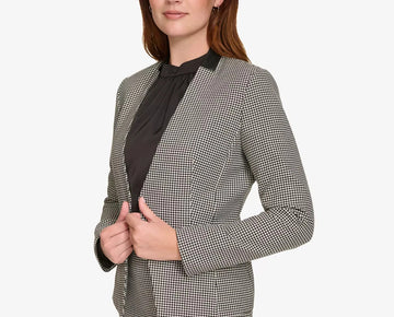 Calvin Klein Houndstooth Blazer Open Front Leather Collar Size 8P Black MSRP$159