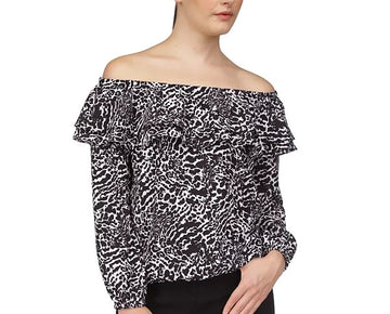 Michael Kors Women's Animal-Print Off-The-Shoulder Top Black Size XS MSRP $88