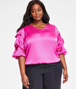 Vince Camuto Plus Size 1X Shadow-Stripe Bubble-Sleeve Top Pink MSRP $99