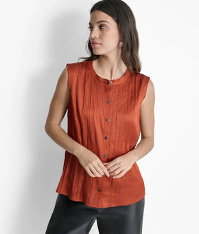 DKNY Blouse Womens Size XL Orange Button Front Satin Sleeveless Russet Top $89