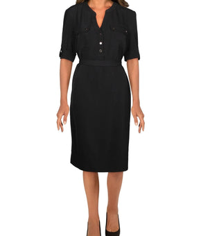 Anne Klein Womens Split Neck Midi Shirtdress Black Size XXS MSRP $119