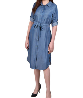 NY Collection 3/4 Roll Tab Sleeve Denim Dress Blue Size PL MSRP $58
