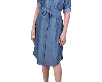 NY Collection 3/4 Roll Tab Sleeve Denim Dress Blue Size PL MSRP $58