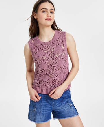 Lucky Brand Women's Diamond Crochet Cotton Sweater Vest Purple Size M MSRP $90