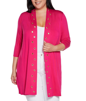 Belldini Plus Size 1X Pink Grommet-Trim Duster Opened Cardigan 3/4 sleeves $59