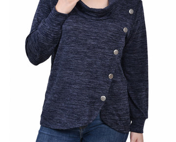 NY Collection Overlapping Cowl Neck Top Navy Enzoz Petite Size PS