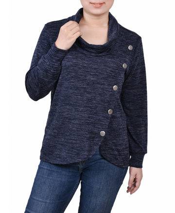 NY Collection Overlapping Cowl Neck Top Navy Enzoz Petite Size PS