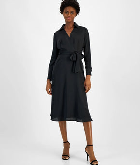 Tahari ASL Women's Collared Waist-Tie Midi Dress Black Size 14 MSRP $149