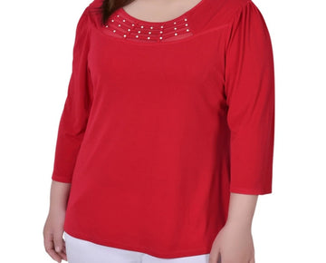 NY Collection Plus Size 2X Red 3/4 Sleeve Crepe Knit with Strip Details Top