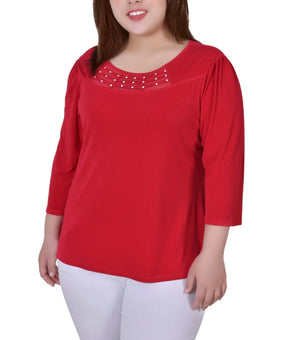 NY Collection Plus Size 1X Red 3/4 Sleeve Crepe Knit with Strip Details Top
