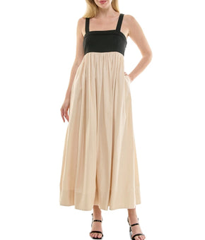 Taylor Women Sleeveless Empire-Waist Linen pocket Dress Cream Black Size 10 $138