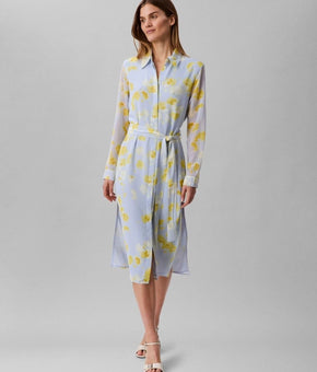Calvin Klein Jeans Dress Womens Size L Blue Floral Chiffon Midi Belted $149