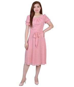 NY Collection Petite Belted Swiss Dot Dress Mellow Rose Pink Rectangle Size PL
