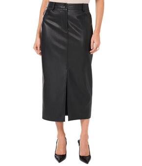 Vince Camuto Women's Faux-Leather Front-Slit Midi Skirt Black Size 12 MSRP $99