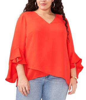 Vince Camuto Plus Size V-neck Flutter Sleeve Blouse Red Size 1X MSRP $99