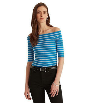 LAUREN Ralph Lauren Striped Off Shoulder Stretch Cotton Tee Blue Size S MSRP $60