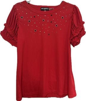 Karl Lagerfeld Paris Blouse Womens Size M Red Rhinestone Puff Sleeve Jersey $79