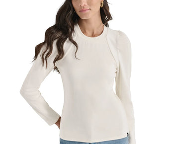 DKNY Jeans Women's Long Puff-Sleeve Crewneck Top Ivory Size XS