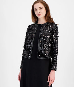 Anne Klein Jacket Womens Size S Black Sequin Open Front Short Party Evening $199