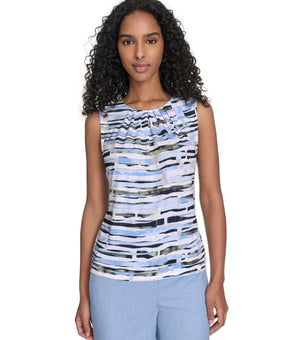 Calvin Klein Women's Printed Pleated-Neck Sleeveless Top Blue White Size S $49